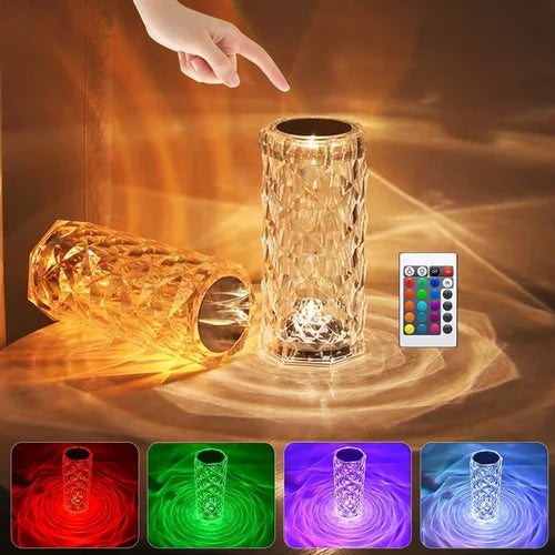 16 Colors Crystal Lamp With Remote featuring an elegant rose diamond design and vibrant RGB colors.