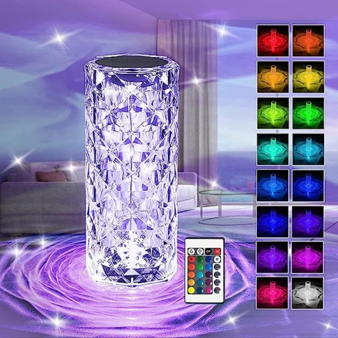 16 Colors Crystal Lamp With Remote featuring an elegant rose diamond design and vibrant RGB options for home décor.