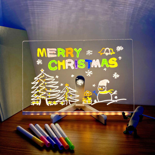 LED light-up writing board displaying a colorful 'Merry Christmas' message with festive drawings.